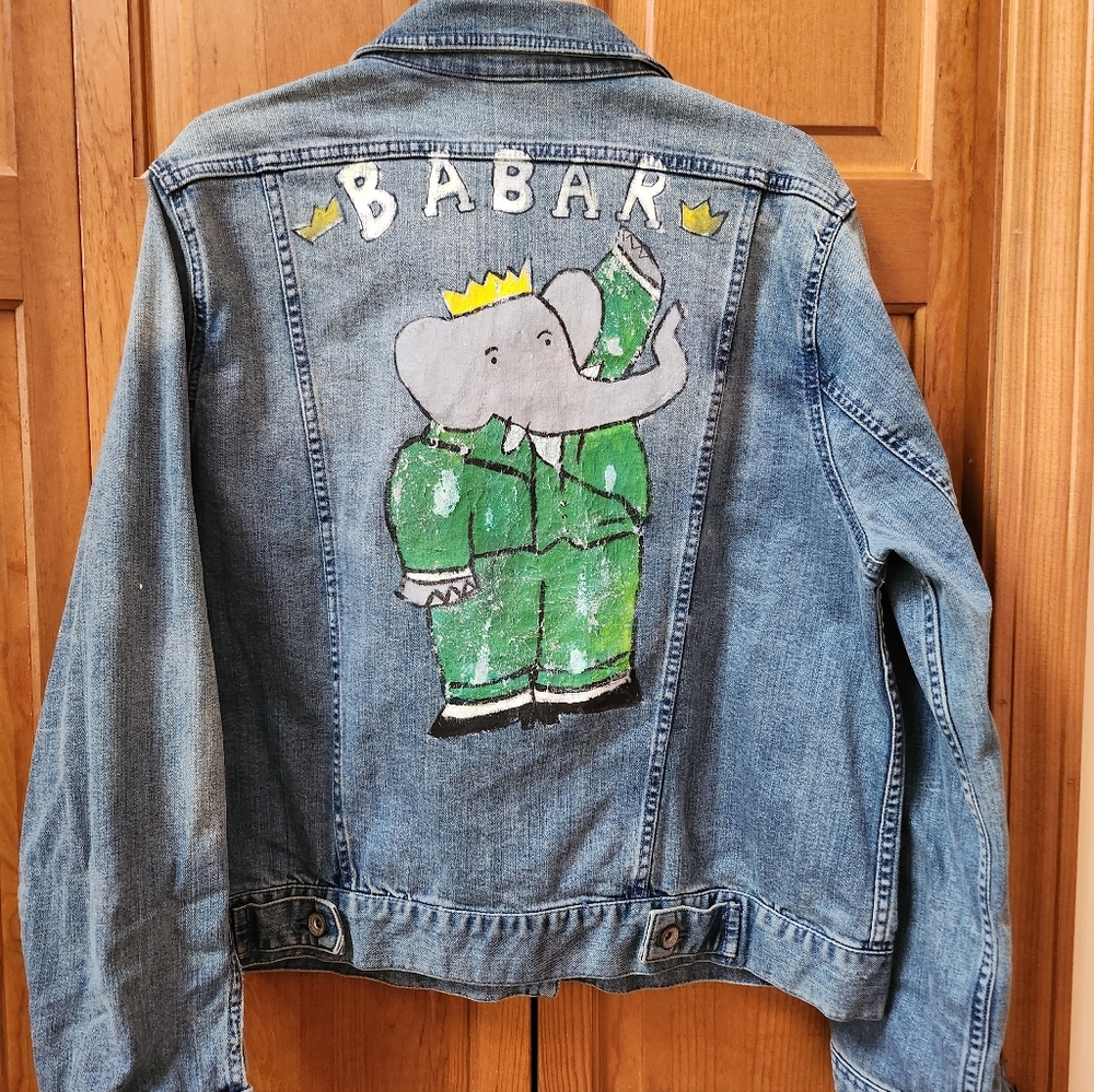 Women's Light Blue Denim Jacket Cutomized With Babar the Elephant Painted Images